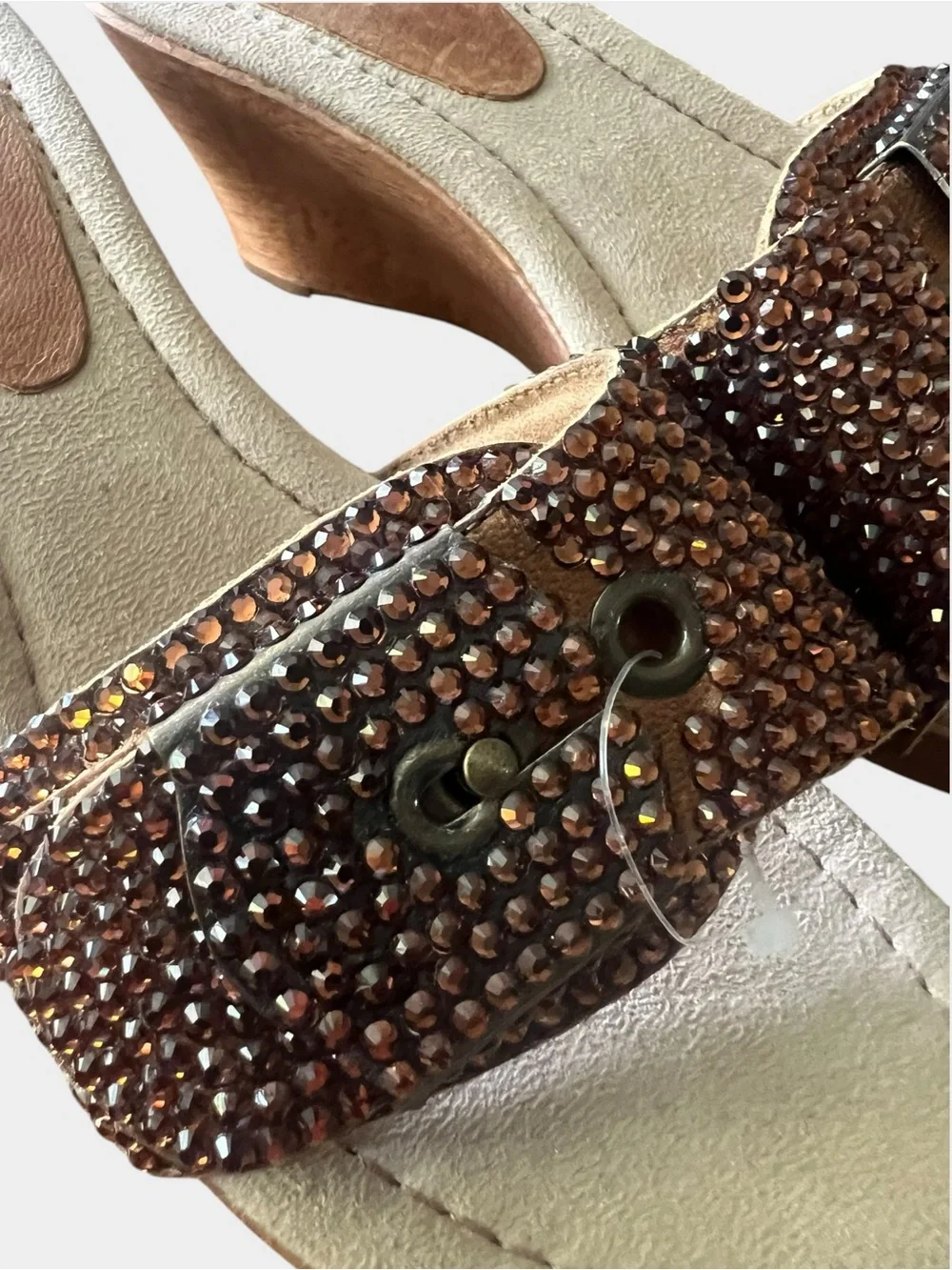 Dr Scholl’s Starstruck Rhinestone Leather Wood Wedge Sandals Size 7